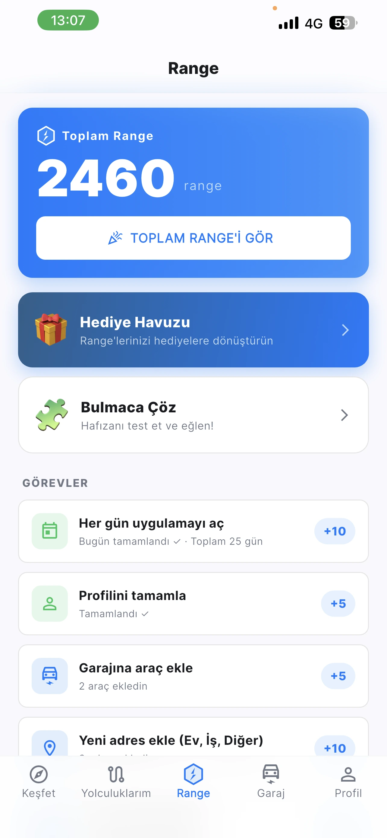 Range görev ve ödül ekranı
